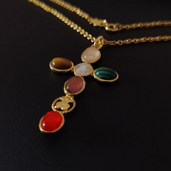 Tous Silver-Gold-Plated Cross Colored Gemstone Necklace - Picture 5 of 9